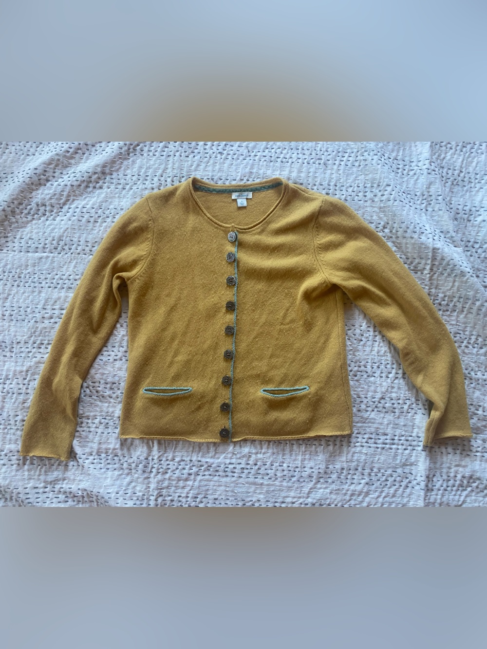 Sundance Mustard Yellow Button-Front Cardigan with Contrast Trim